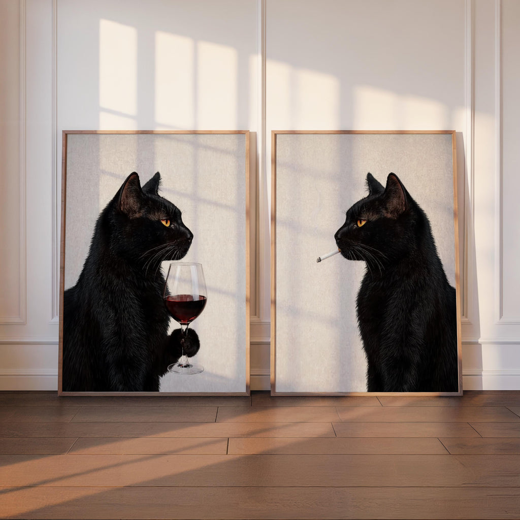 Black Cat Drinking Wine & Smoking Print Set of 2, Surreal Animal Duo, Cigarette Alcohol Home Decor, Unique Bar Cart Art, Funny Wall Decor