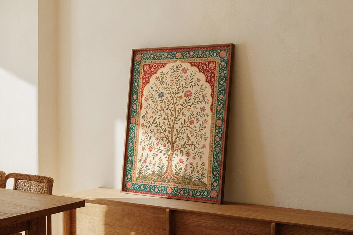 Mughal Inspired Tree of Life Wall Art, Vintage Floral Bird Print, Indian Botanical Poster, Bohemian Home Decor, Garden Lover Gift