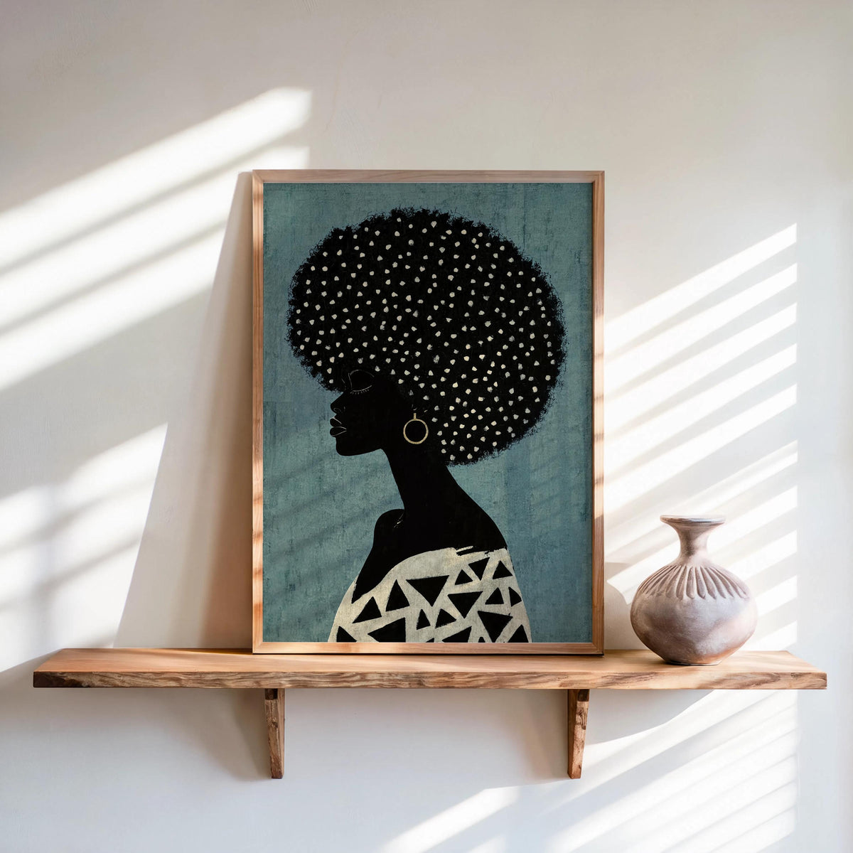 Teal background print leaning on a shelf, graceful Black girl silhouette wearing a geometric top, Afrocentric Black woman wall art