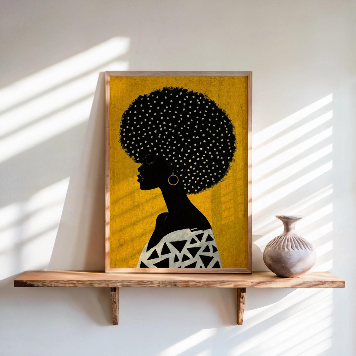 Mustard background print leaning on a wooden shelf, silhouetted Black woman with dotted afro, Afrocentric Black woman wall art