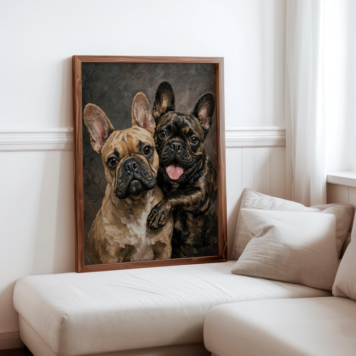 French Bulldog Portrait Canvas, Two Loving Frenchies, Canine Best Friends Painting, Pet Memorial Art, Cute Dog Mom Lover Portrait Gift