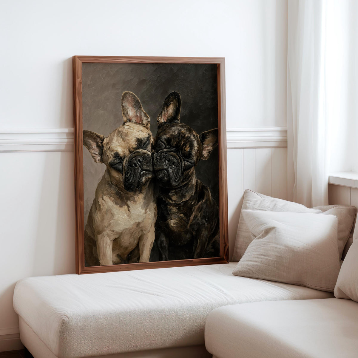 Frenchie Dog Portrait Print, Two Loving French Bulldogs, Frenchy Bathroom Wall Art, Pet Memorial Painting, Cute Lover Dog Mom Gift
