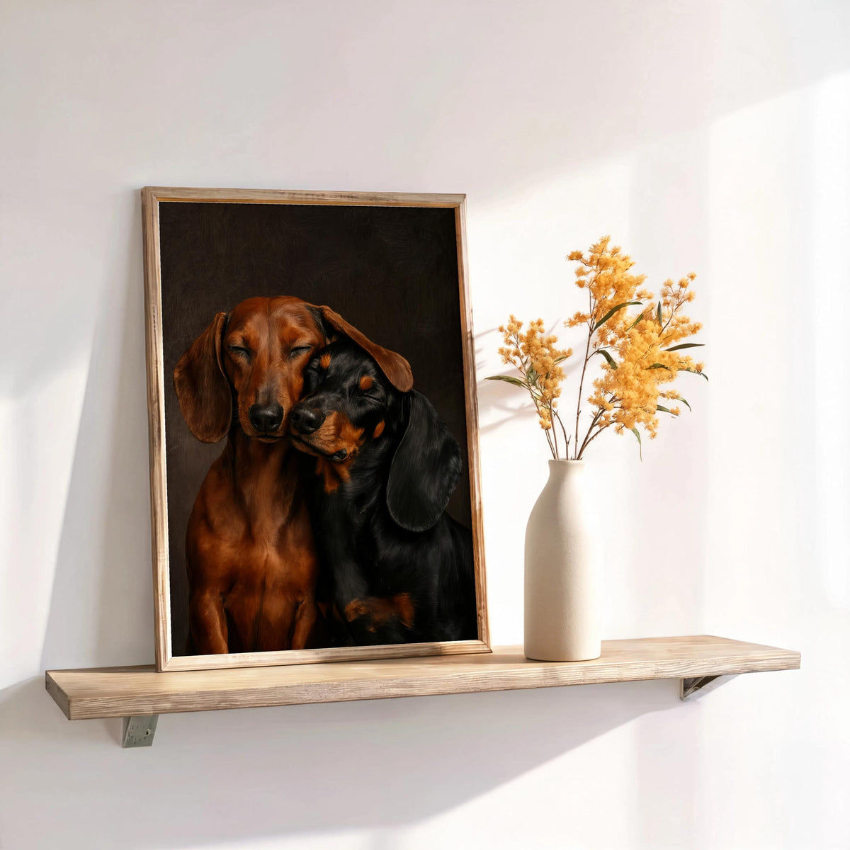 Framed dachshund canvas wall art perched on shelf beside golden dried flowers, soft natural light