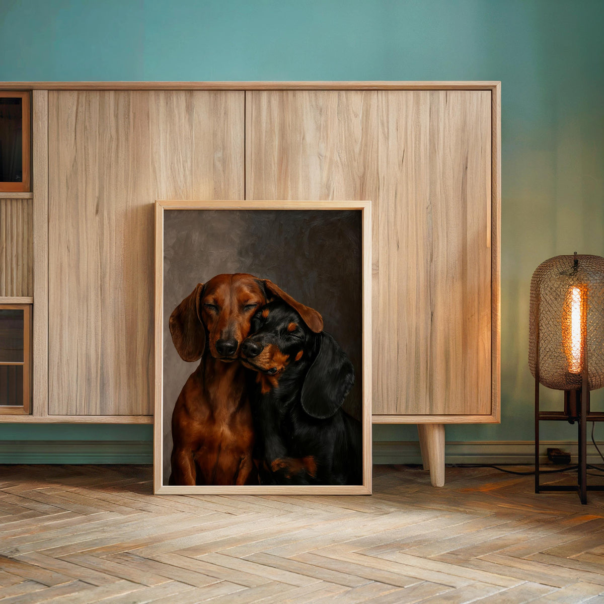 Large framed dachshund wall art print leaning against wood-paneled wall, modern farmhouse styling, lamp glow