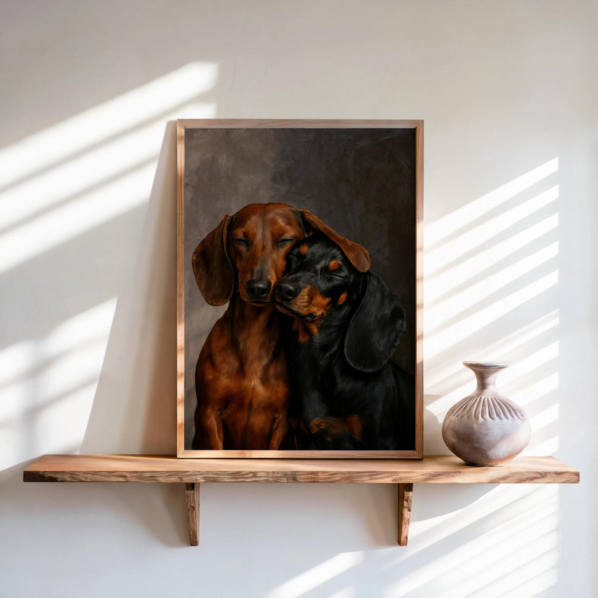 Sunlit framed dachshund wall art print on a rustic wooden shelf, pottery accent, moody brown backdrop