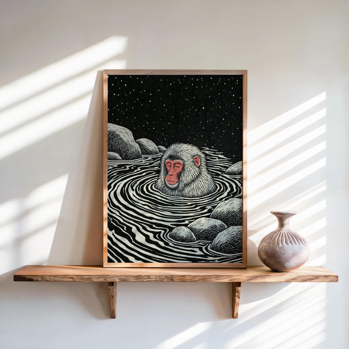 Snow Monkey Woodblock Art Print, Japanese Macaque Onsen Poster, Relaxing Hot Spring Decor, Linocut Wildlife Illustration Zen Animal Wall Art