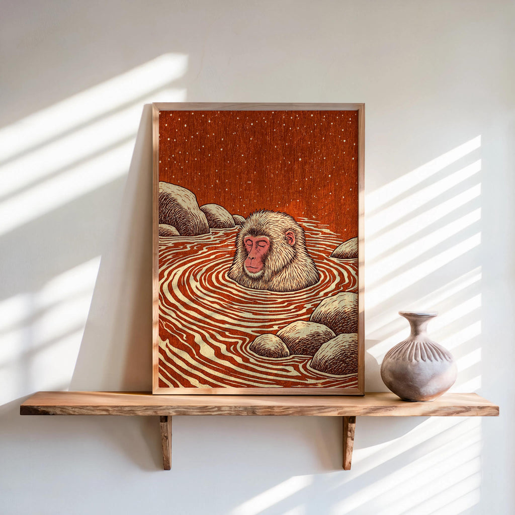 Snow Monkey Woodblock Art Print, Japanese Macaque Onsen Poster, Relaxing Hot Spring Decor, Linocut Wildlife Illustration Zen Animal Wall Art