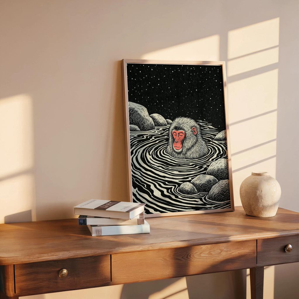 Snow Monkey Woodblock Art Print, Japanese Macaque Onsen Poster, Relaxing Hot Spring Decor, Linocut Wildlife Illustration Zen Animal Wall Art
