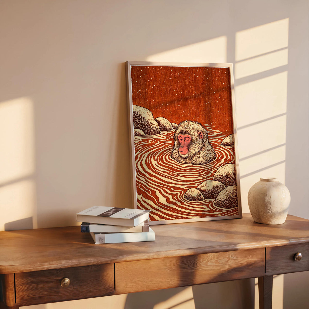 Snow Monkey Woodblock Art Print, Japanese Macaque Onsen Poster, Relaxing Hot Spring Decor, Linocut Wildlife Illustration Zen Animal Wall Art