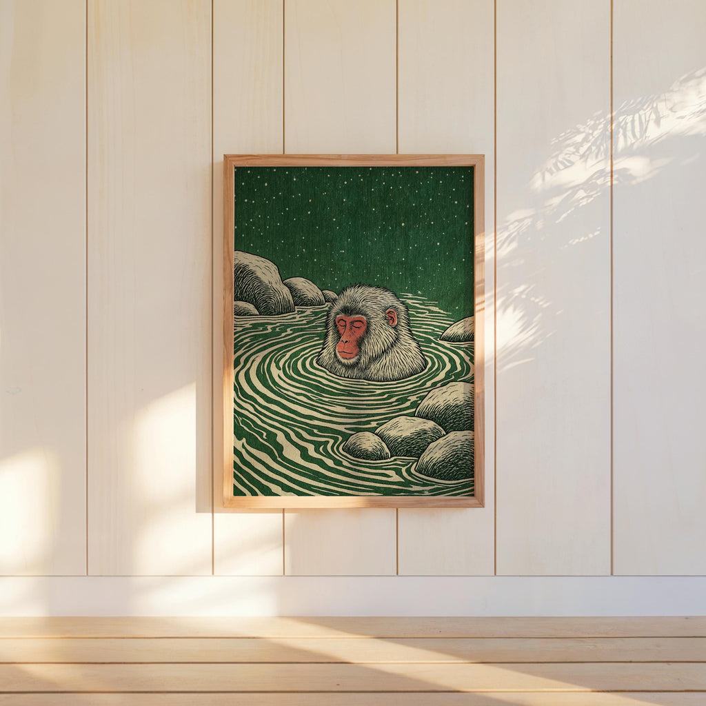 Snow Monkey Woodblock Art Print, Japanese Macaque Onsen Poster, Relaxing Hot Spring Decor, Linocut Wildlife Illustration Zen Animal Wall Art