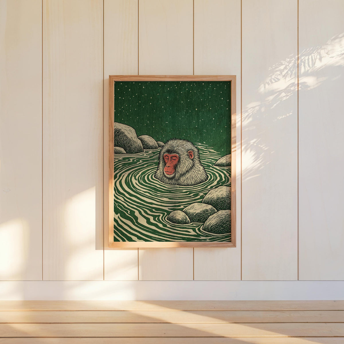 Snow Monkey Woodblock Art Print, Japanese Macaque Onsen Poster, Relaxing Hot Spring Decor, Linocut Wildlife Illustration Zen Animal Wall Art