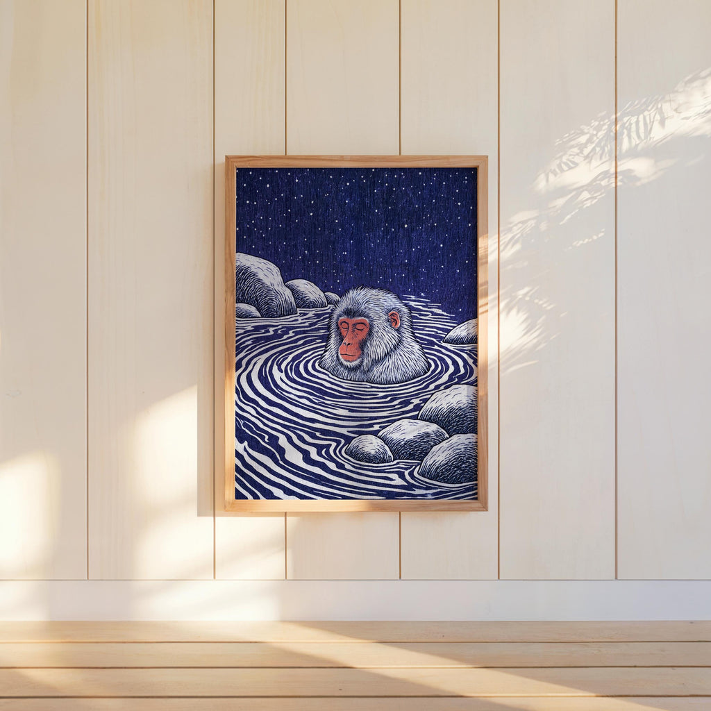 Snow Monkey Woodblock Art Print, Japanese Macaque Onsen Poster, Relaxing Hot Spring Decor, Linocut Wildlife Illustration Zen Animal Wall Art