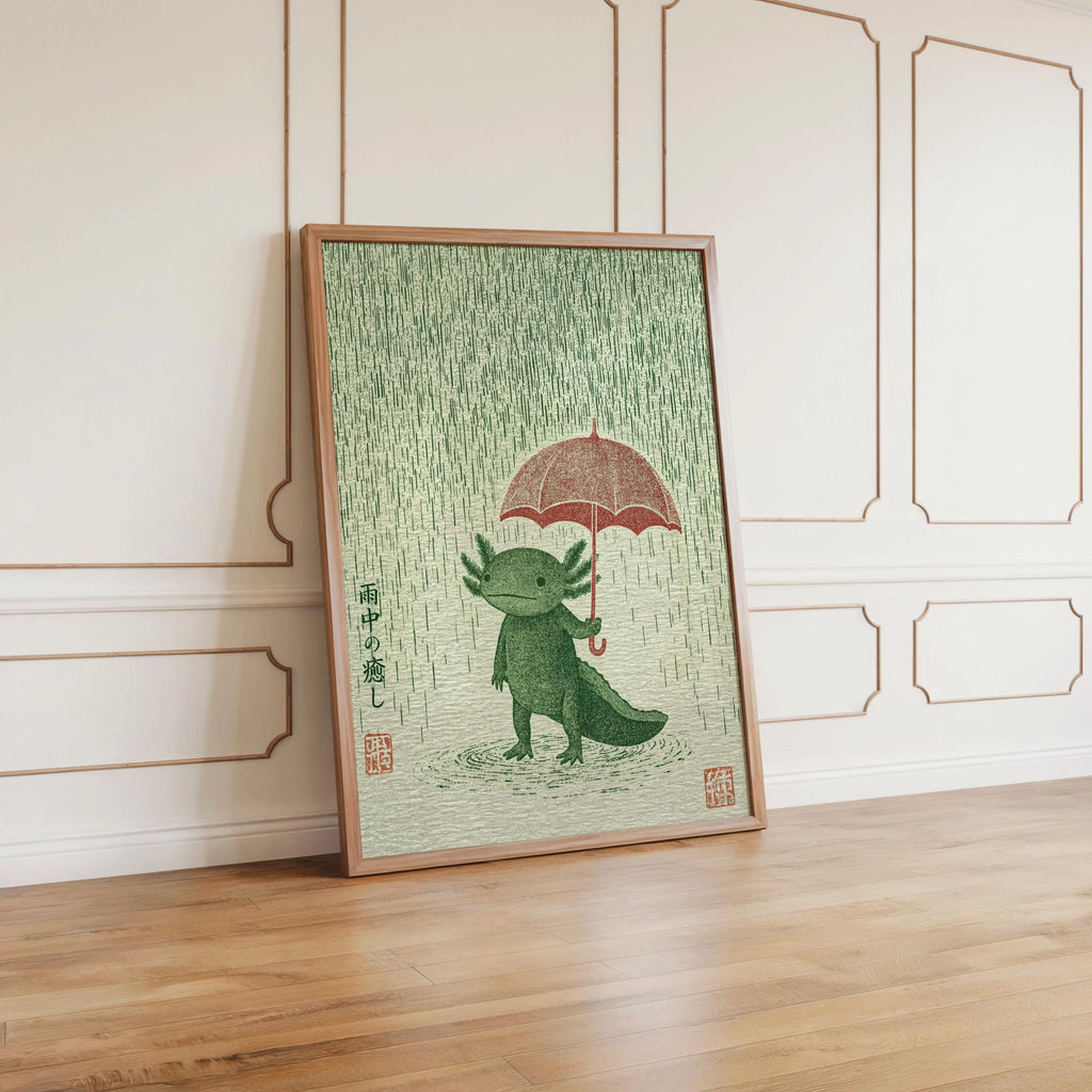 Axolotl Wall Art Print leaning on hardwood, decorative paneling backdrop, Japanese axolotl print, woodblock effect