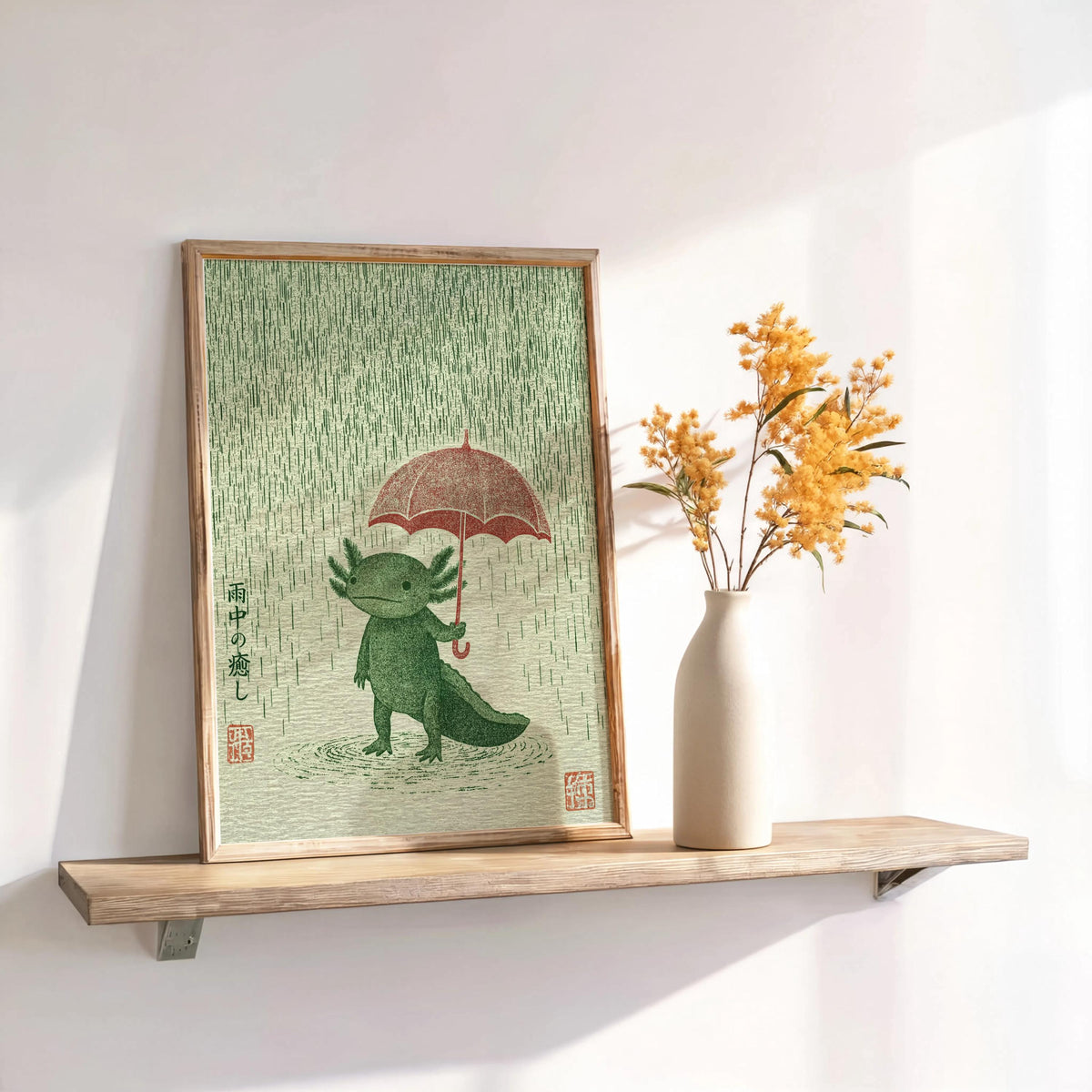 Axolotl poster on a bracketed shelf with dried flowers, close view of green axolotl and textured woodblock look