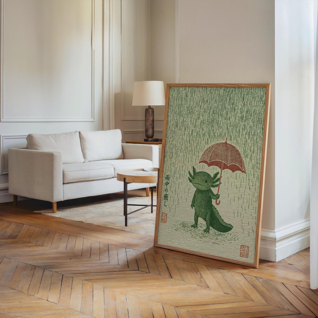 Large Axolotl poster leaning in a bright living room, shows scale, woodblock-inspired rainy day wall art vibe