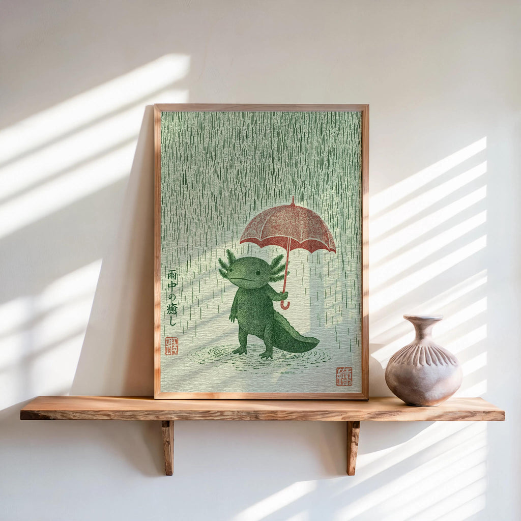 Leaning Axolotl Wall Art Print on a sunlit wooden shelf, green axolotl under red umbrella, textured rain