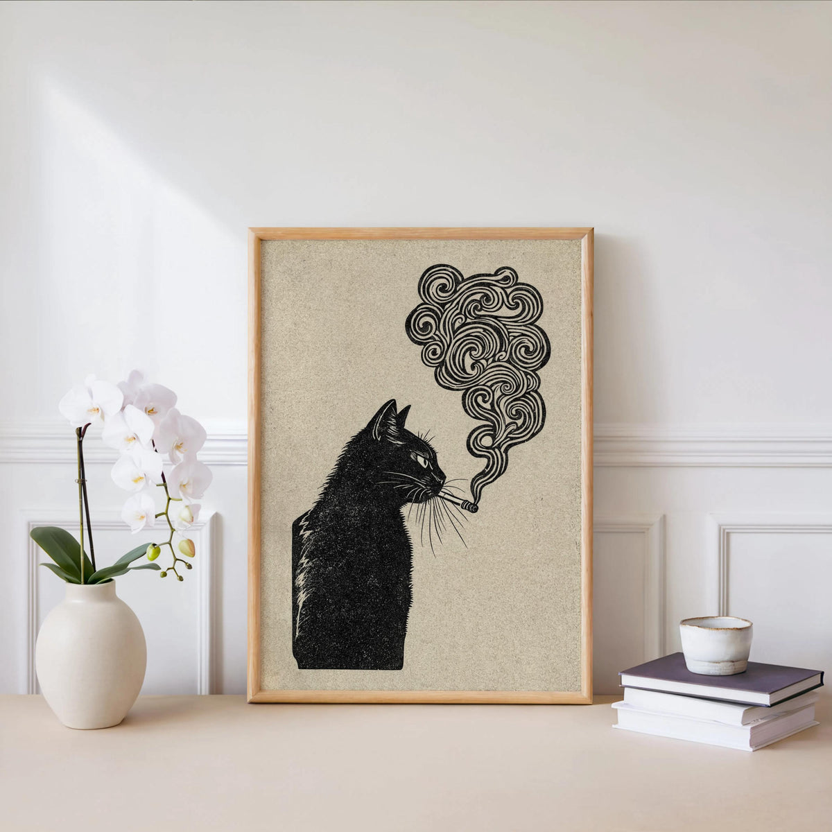 black cat smoking, japanese style woodblock print, retro vintage poster