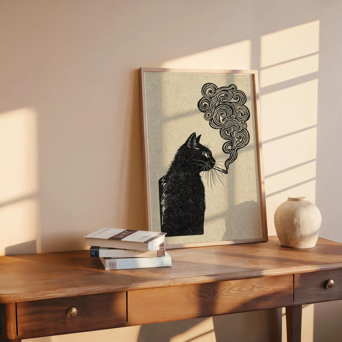 black cat smoking, japanese style woodblock print, retro vintage poster