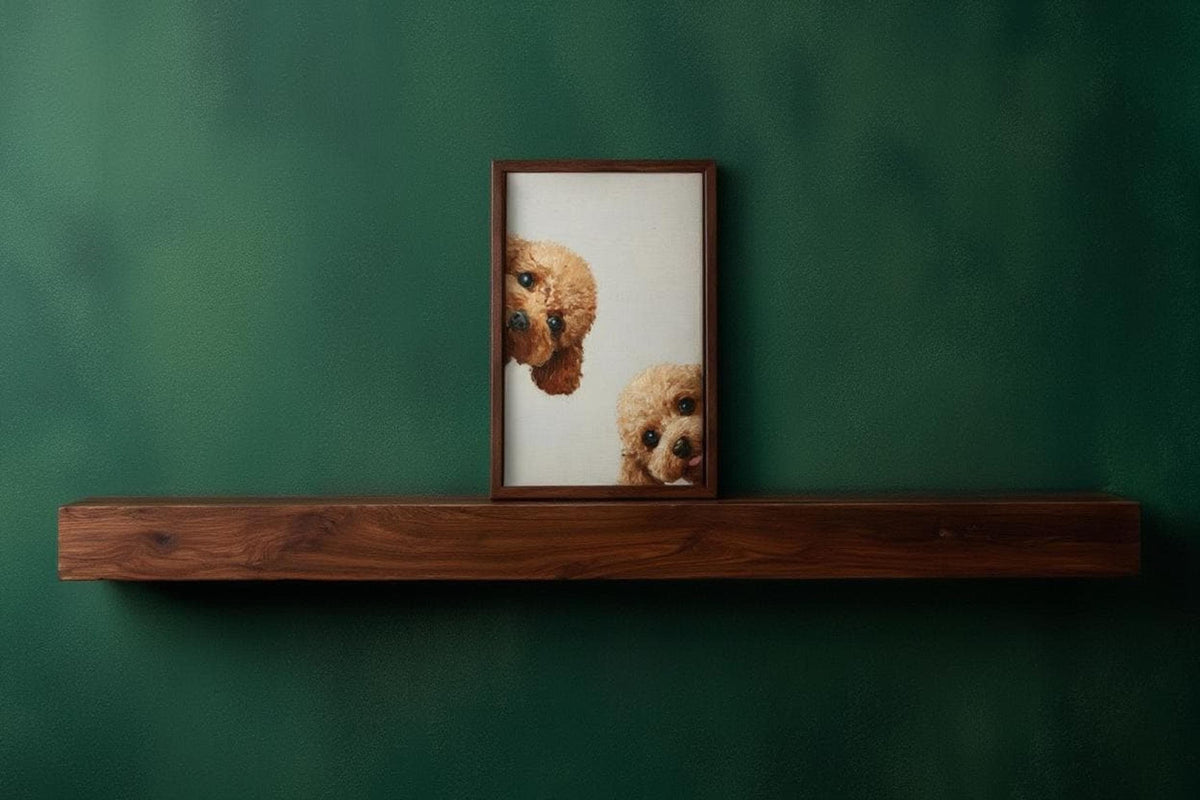 Dark green wall and wooden shelf display framed goldendoodle wall art printable, minimalist mid century look