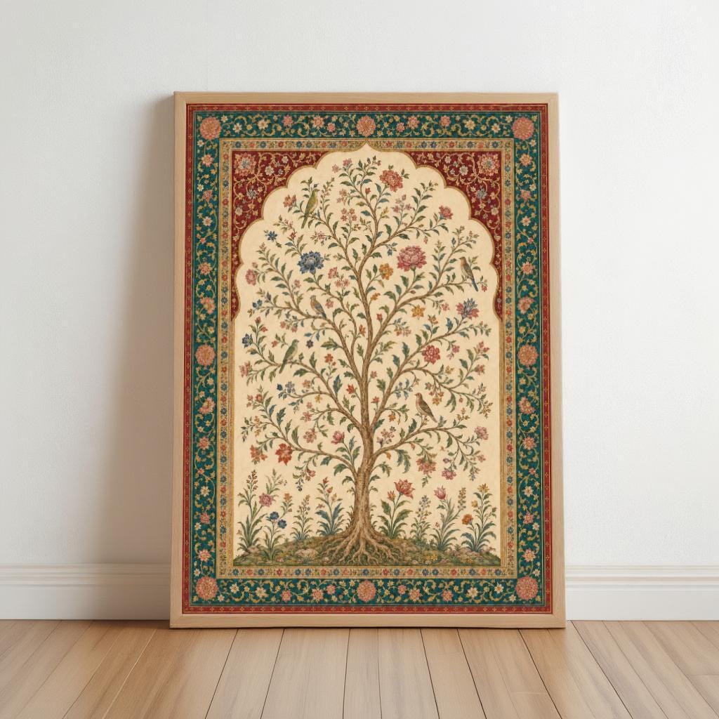 Mughal Inspired Tree of Life Wall Art, Vintage Floral Bird Print, Indian Botanical Poster, Bohemian Home Decor, Garden Lover Gift