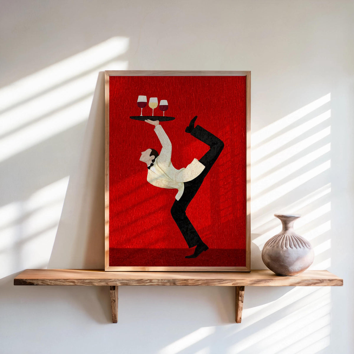 Acrobat Waiter Wall Art, Quirky Wine Glass Poster, Modern Cocktail Kitchen Canvas, Unique Bar Cart Decor, Surrealist Funny Dining Room Gift