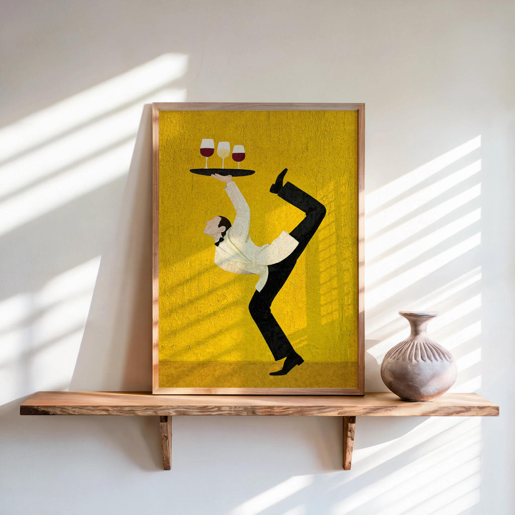 Acrobat Waiter Wall Art, Quirky Wine Glass Poster, Modern Cocktail Kitchen Canvas, Unique Bar Cart Decor, Surrealist Funny Dining Room Gift