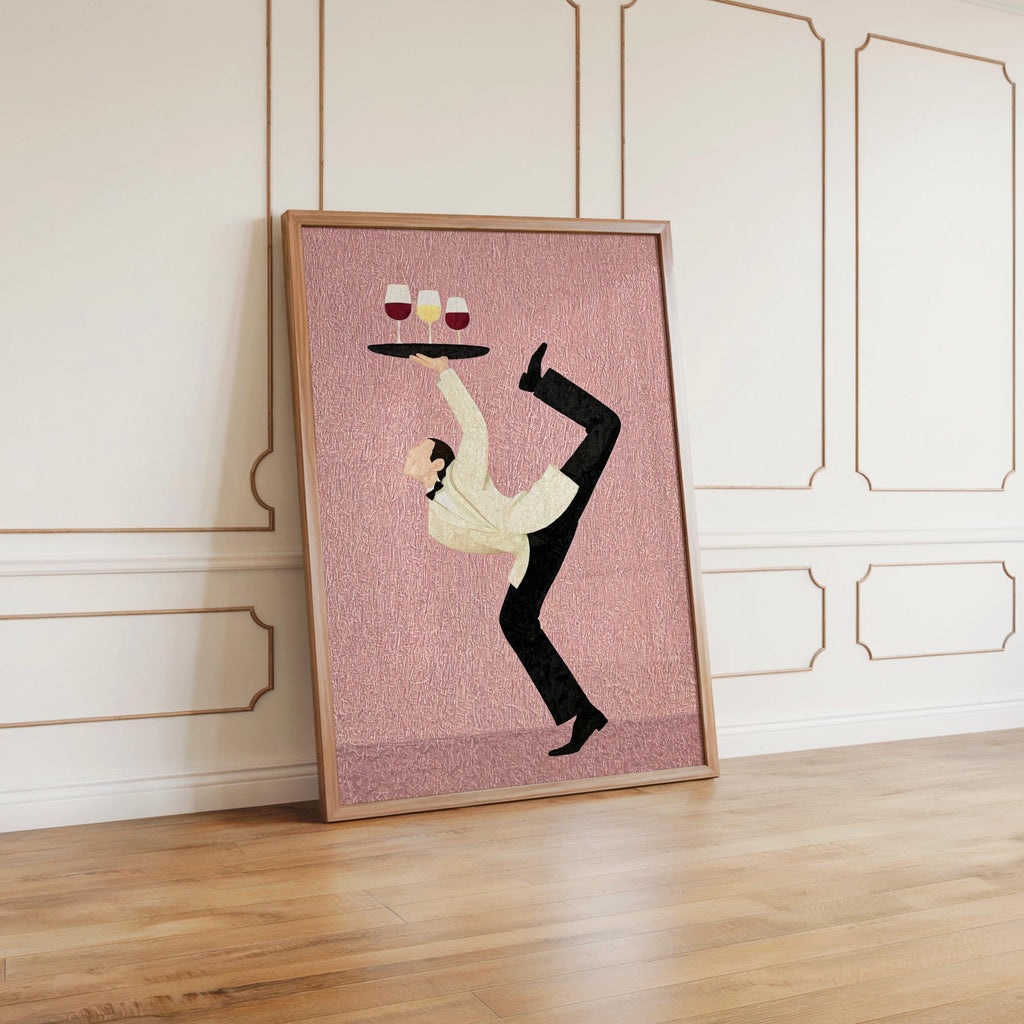 Acrobat Waiter Wall Art, Quirky Wine Glass Poster, Modern Cocktail Kitchen Canvas, Unique Bar Cart Decor, Surrealist Funny Dining Room Gift