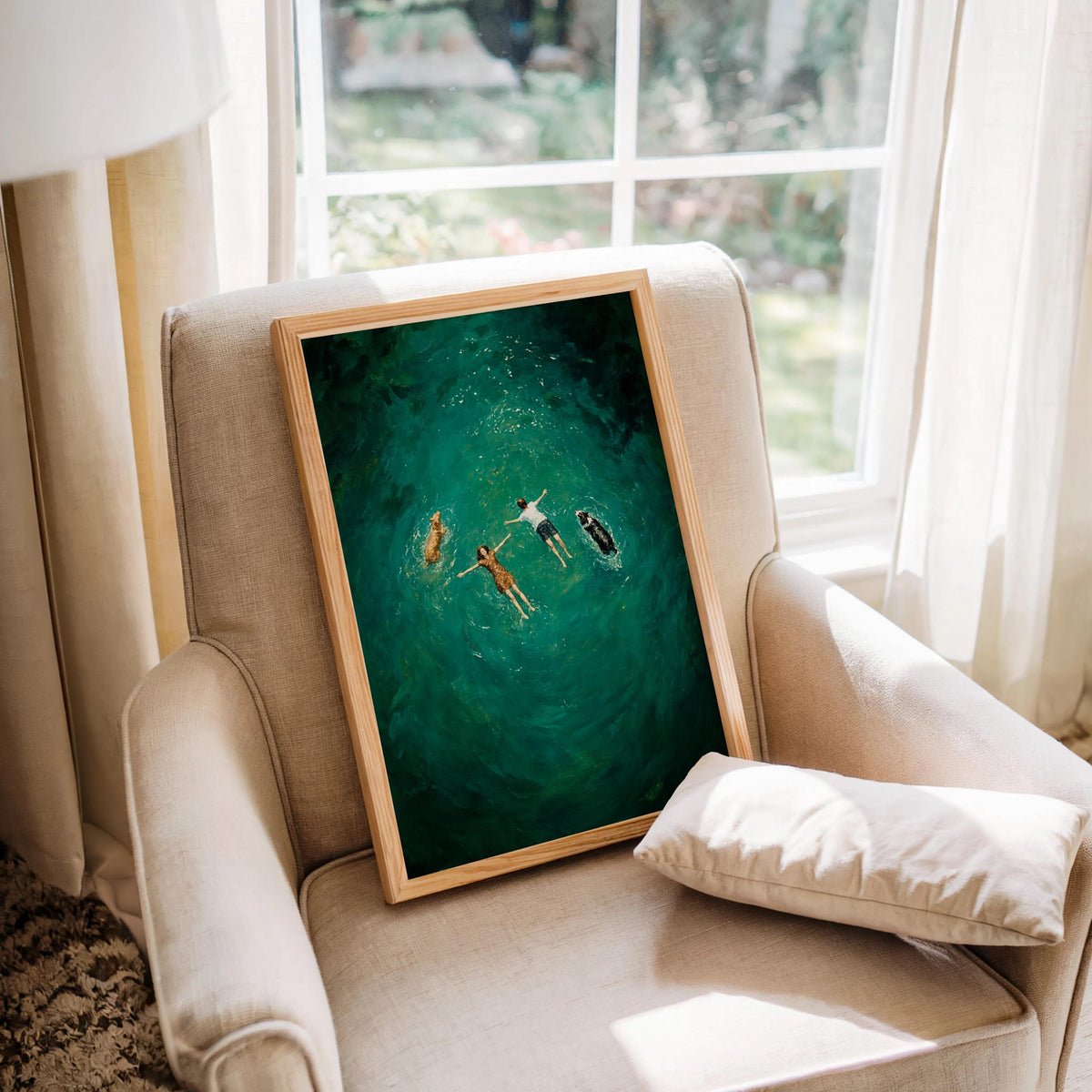Aerial Couple Swimming with Dogs Wall Art, Turquoise Ocean Print, People and Pets Swimmer Poster, Modern Coastal Pool Home Decor Gift