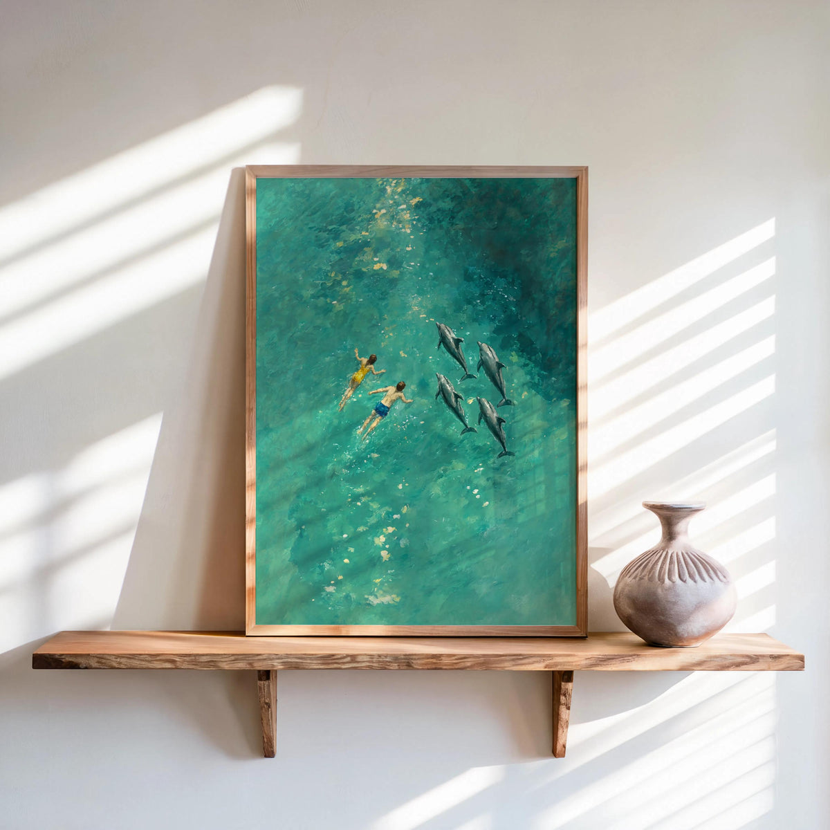 Couple Swimming with Dolphins Art Print, Arial Ocean Wall Decor, Turquoise Water Pool Beach Poster, Modern Coastal Home Decor Gift Idea