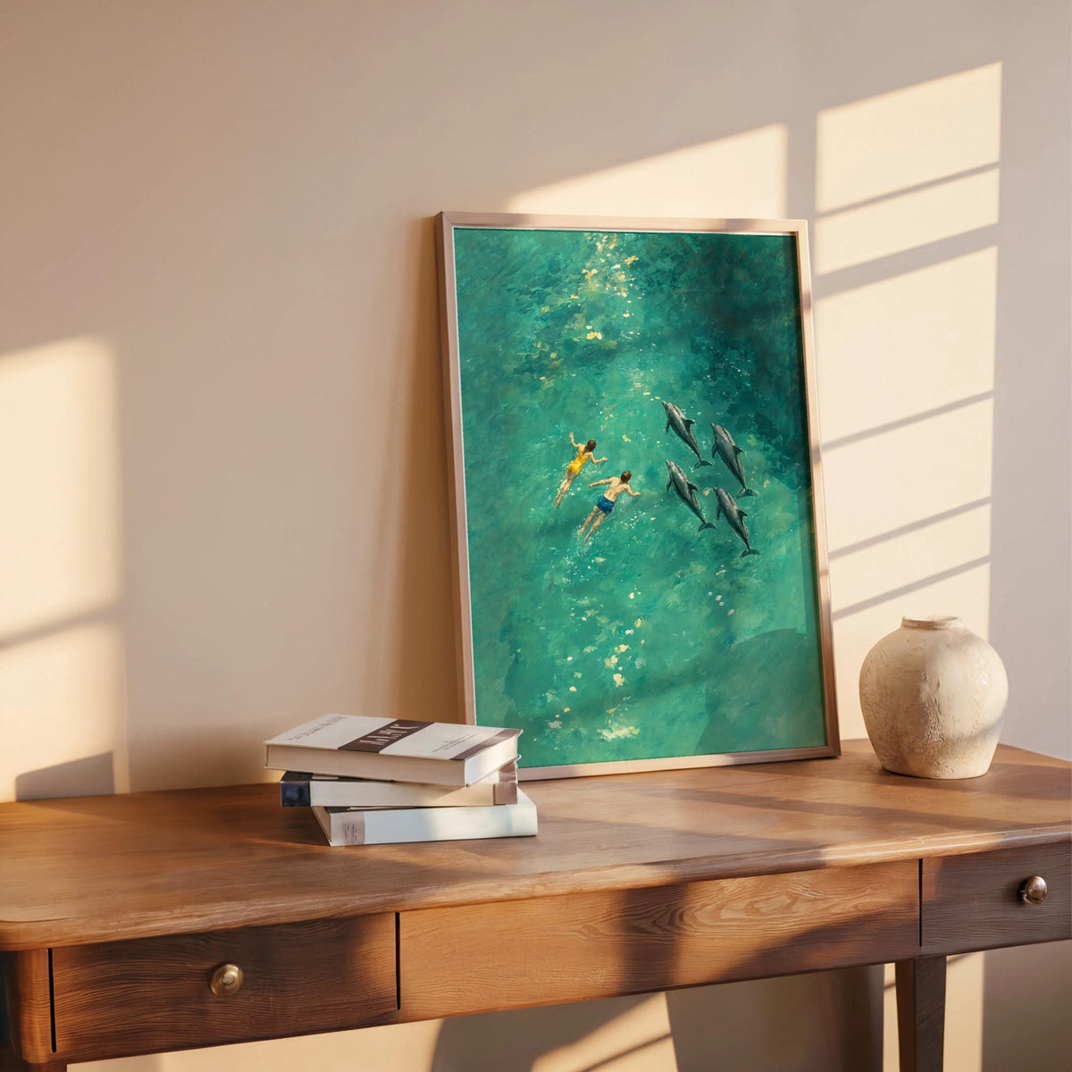 Couple Swimming with Dolphins Art Print, Arial Ocean Wall Decor, Turquoise Water Pool Beach Poster, Modern Coastal Home Decor Gift Idea