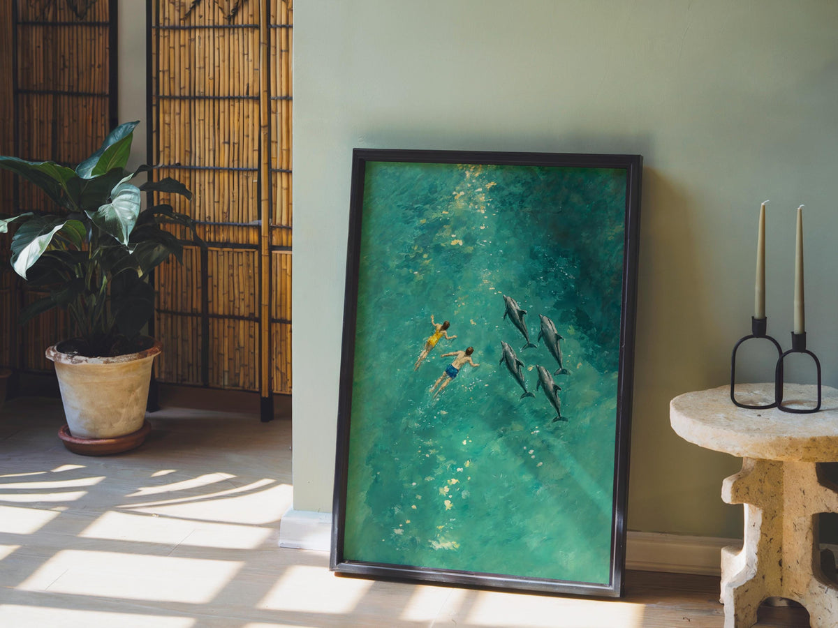 Couple Swimming with Dolphins Art Print, Arial Ocean Wall Decor, Turquoise Water Pool Beach Poster, Modern Coastal Home Decor Gift Idea