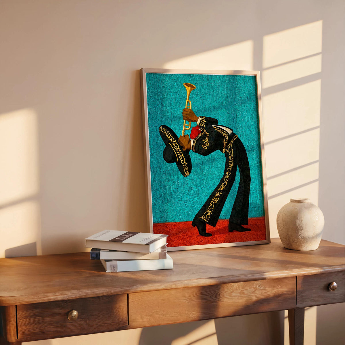 Mexico Mariachi Trumpet Player Print, Bright Vintage Charro Suit Wall Art, Latin Music Poster, Vibrant Cultural Latin American Travel Gift
