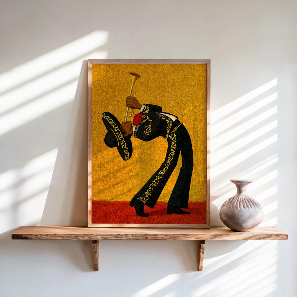 Mexico Mariachi Trumpet Player Print, Bright Vintage Charro Suit Wall Art, Latin Music Poster, Vibrant Cultural Latin American Travel Gift
