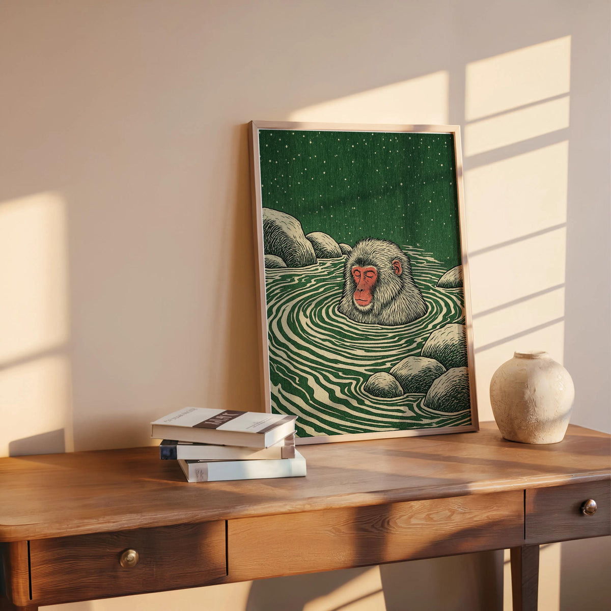 Snow Monkey Woodblock Art Print, Japanese Macaque Onsen Poster, Relaxing Hot Spring Decor, Linocut Wildlife Illustration Zen Animal Wall Art