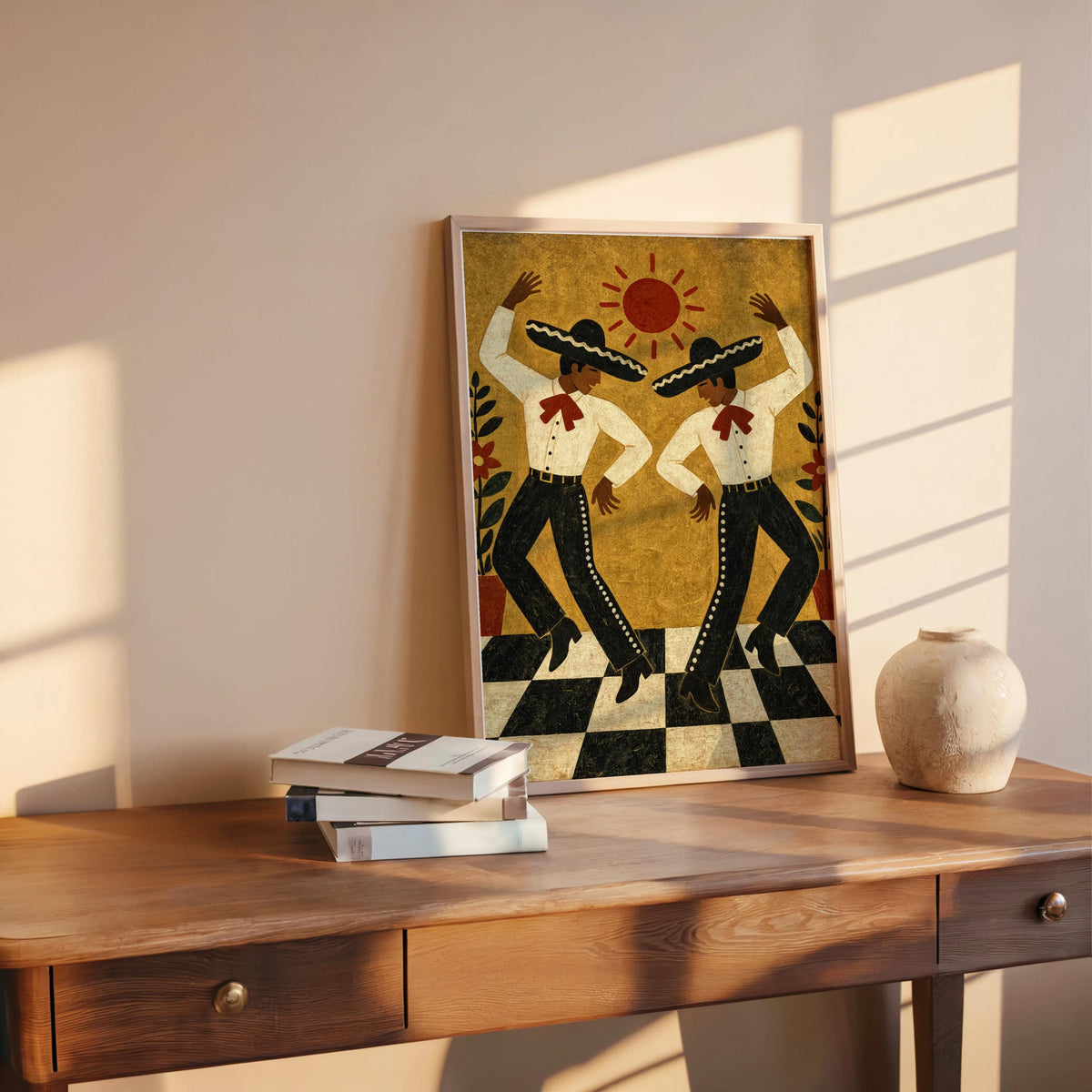 Mexican folk dance wall art propped on wooden desk, warm sunlight, charro dancers, mustard palette