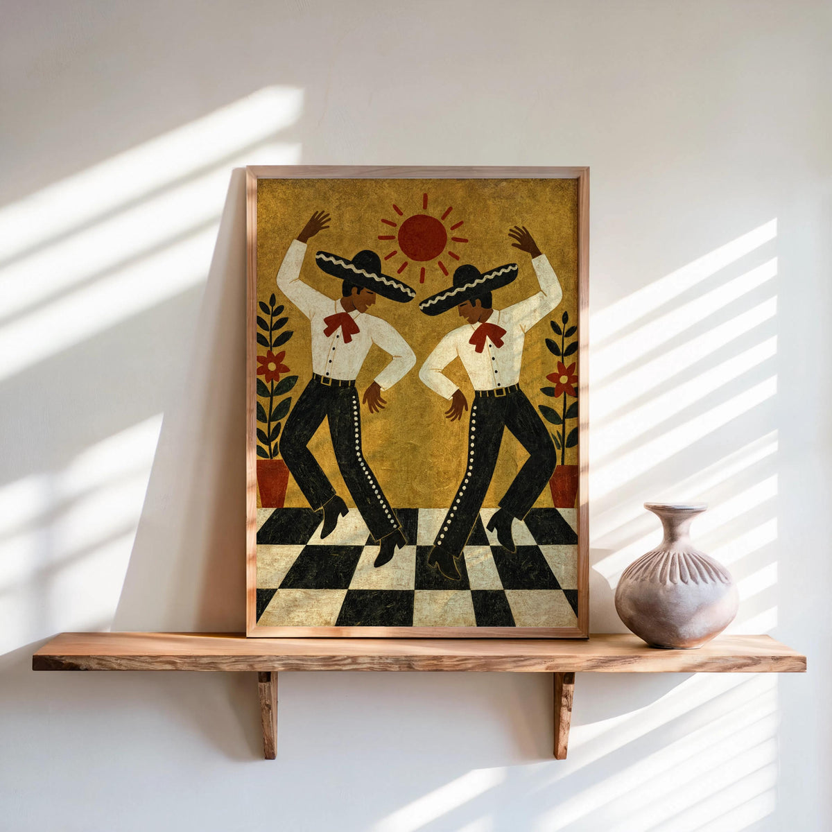 Framed Mexican folk dance wall art on wall shelf, sunlight stripes, ceramic pot, vibrant folk-art texture