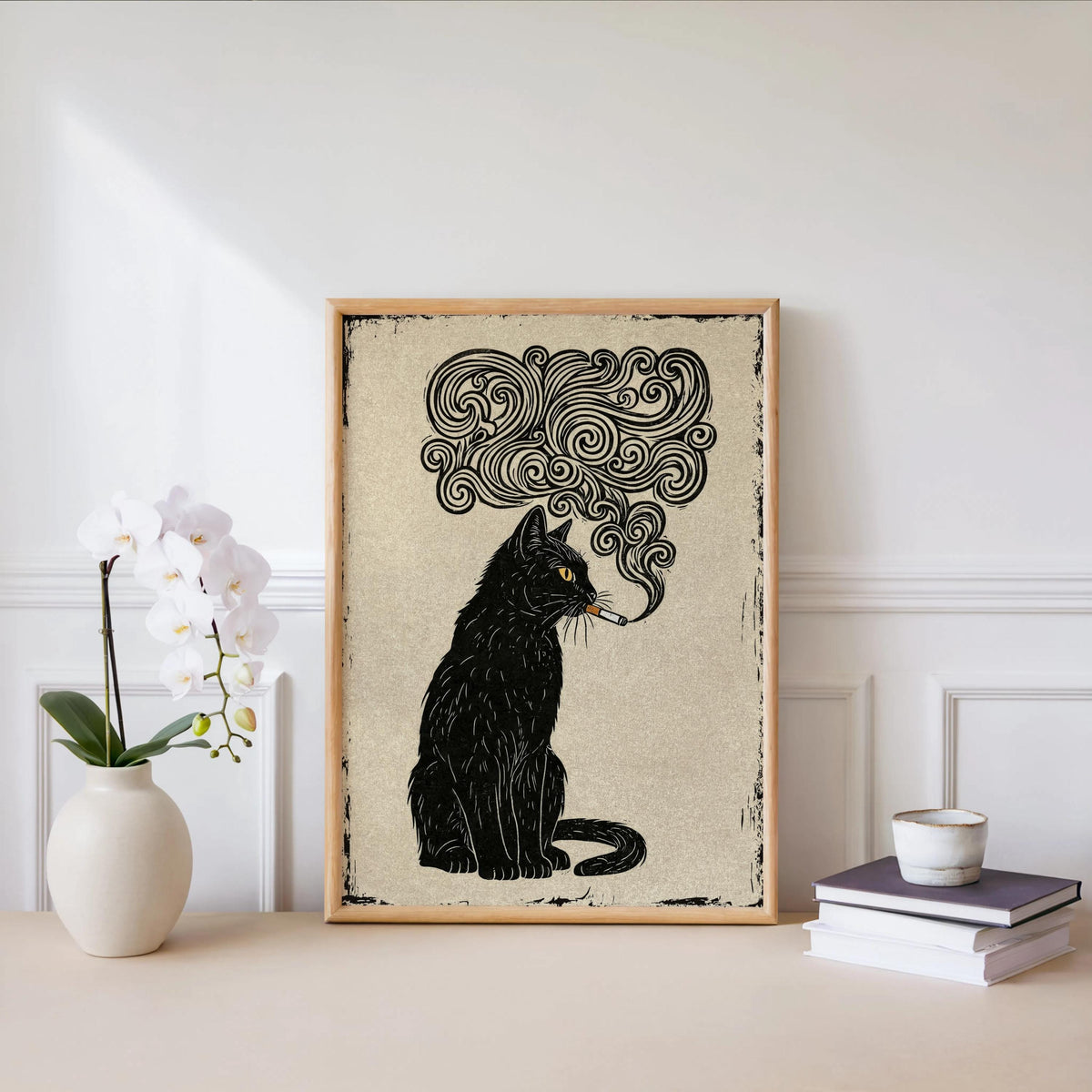 Smoking Black Cat Art Print, Vintage Linocut Cat Poster, Japanese Feline Wall Decor Quirky Animal Illustration Moody Woodblock Dark Academia