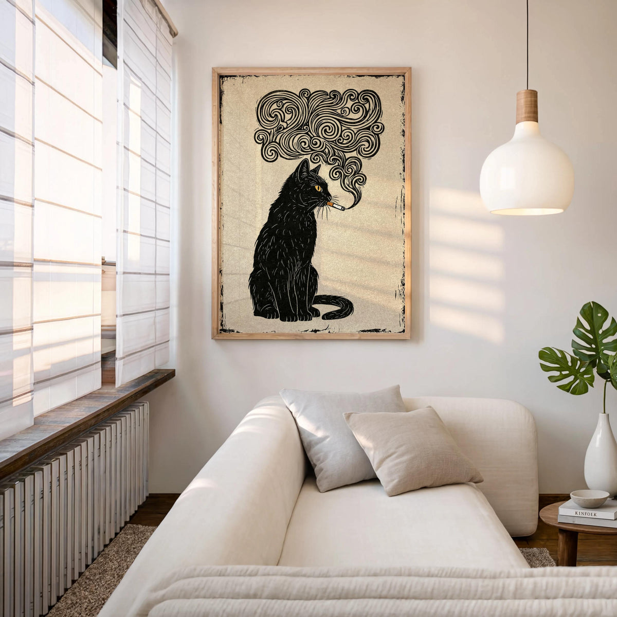 Smoking Black Cat Art Print, Vintage Linocut Cat Poster, Japanese Feline Wall Decor Quirky Animal Illustration Moody Woodblock Dark Academia