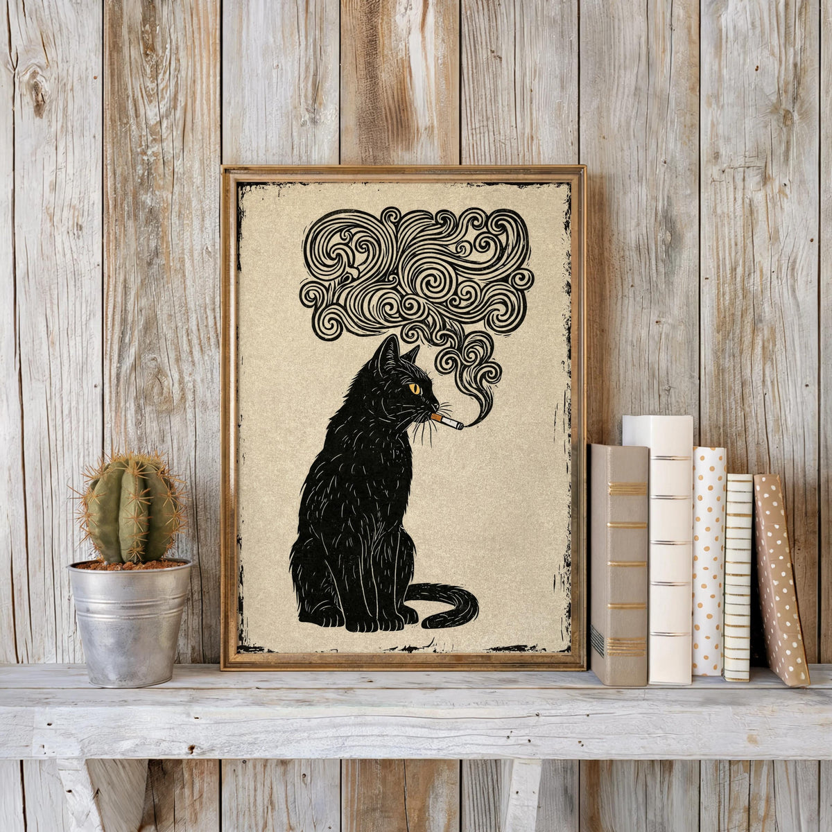 Smoking Black Cat Art Print, Vintage Linocut Cat Poster, Japanese Feline Wall Decor Quirky Animal Illustration Moody Woodblock Dark Academia