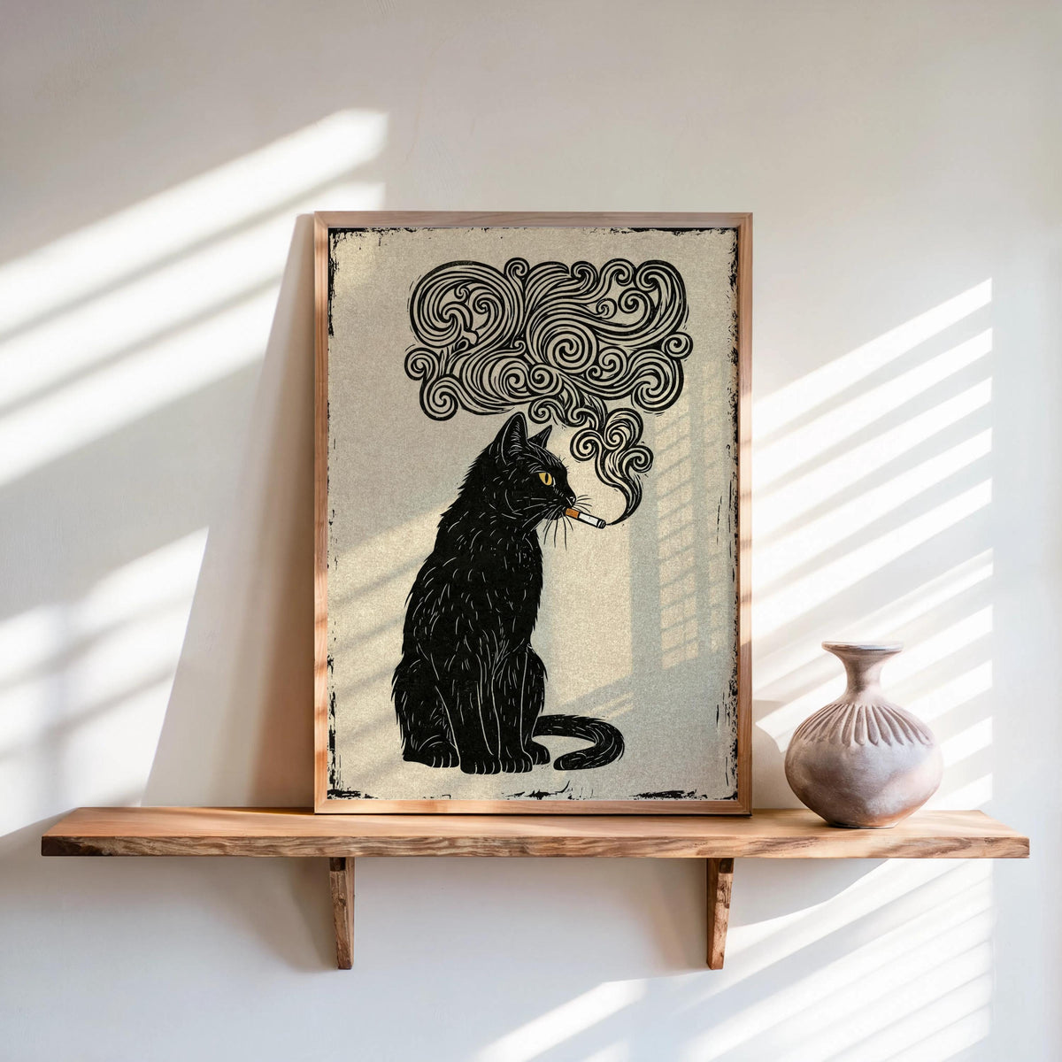 Smoking Black Cat Art Print, Vintage Linocut Cat Poster, Japanese Feline Wall Decor Quirky Animal Illustration Moody Woodblock Dark Academia
