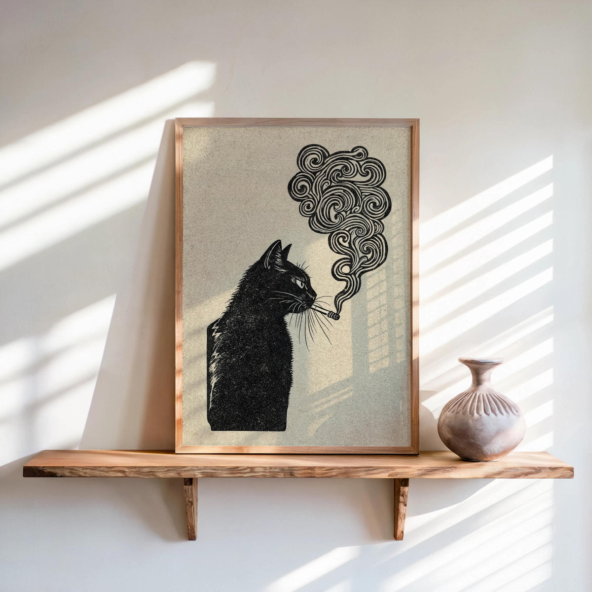 black cat smoking, japanese style woodblock print, retro vintage poster
