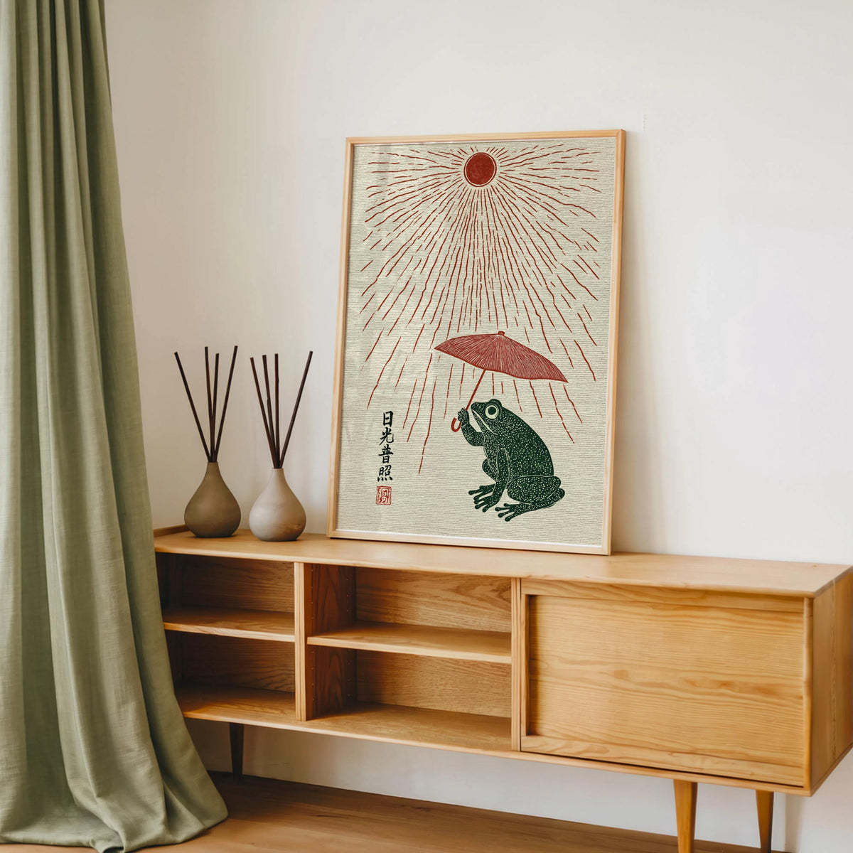 Japanese Style Frog Print, Woodblock Sun and Parasol Poster, Ukiyo-e Amphibian Wall Art, Red Sun Rain Decor, Quirky Nature Gift