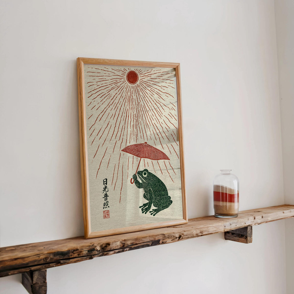 Japanese Style Frog Print, Woodblock Sun and Parasol Poster, Ukiyo-e Amphibian Wall Art, Red Sun Rain Decor, Quirky Nature Gift