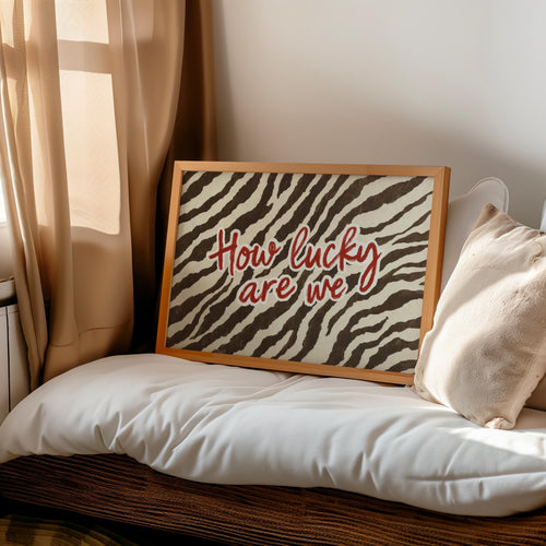 How Lucky Are We Trendy Zebra Wall Art, Preppy Quote Illustration, Red Typography Poster, Western Cowgirl Aesthetic, Animal Print Room Decor