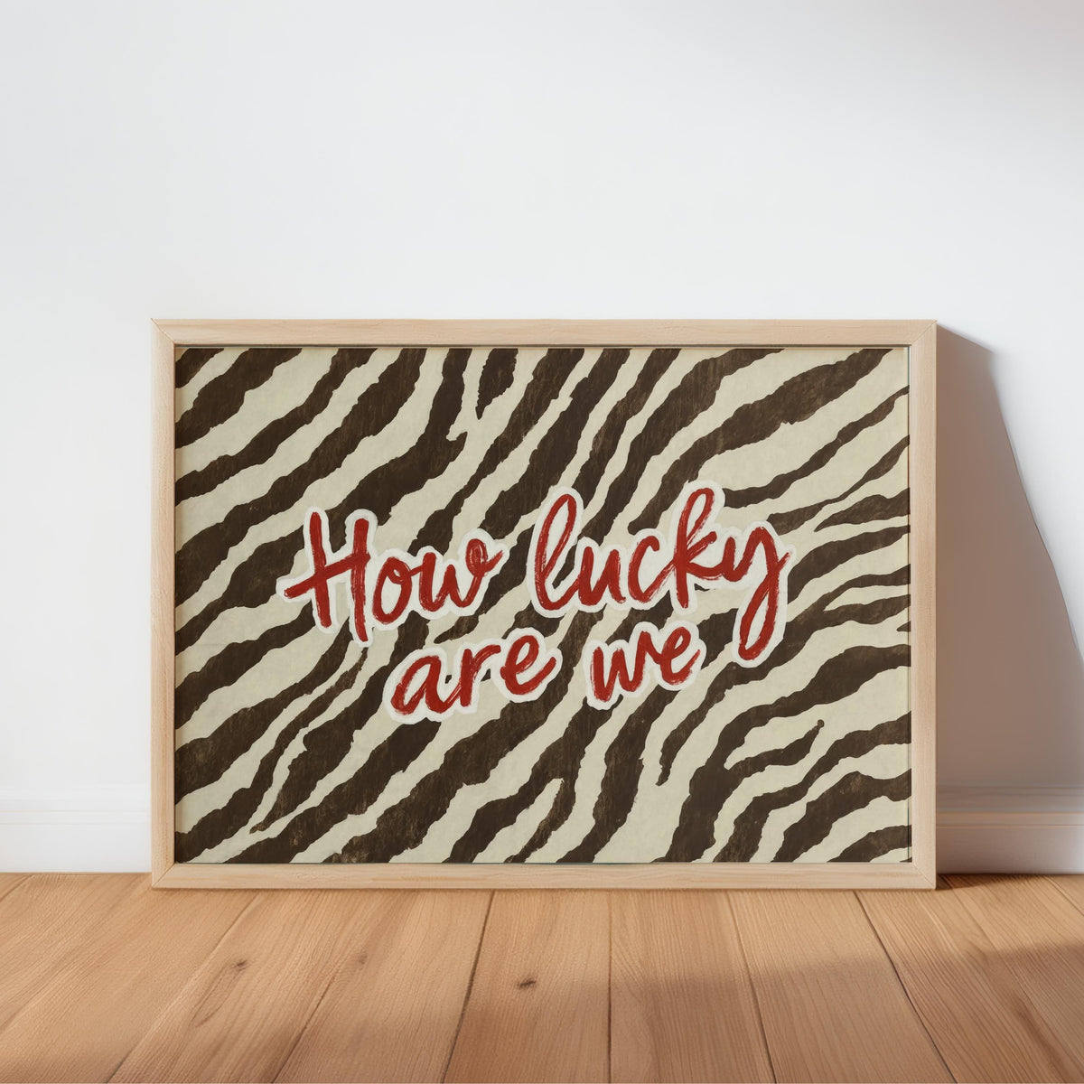 How Lucky Are We Trendy Zebra Wall Art, Preppy Quote Illustration, Red Typography Poster, Western Cowgirl Aesthetic, Animal Print Room Decor