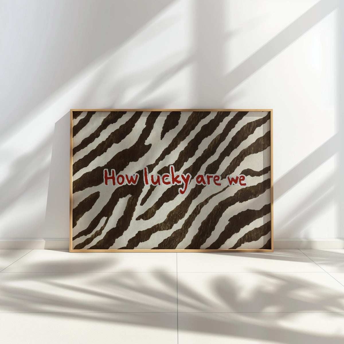 How Lucky Are We Quote Poster, Zebra Pattern Brown and White Print, Preppy Chic Typography Aesthetic Dorm Decor, Western Cowgirl Wall Art