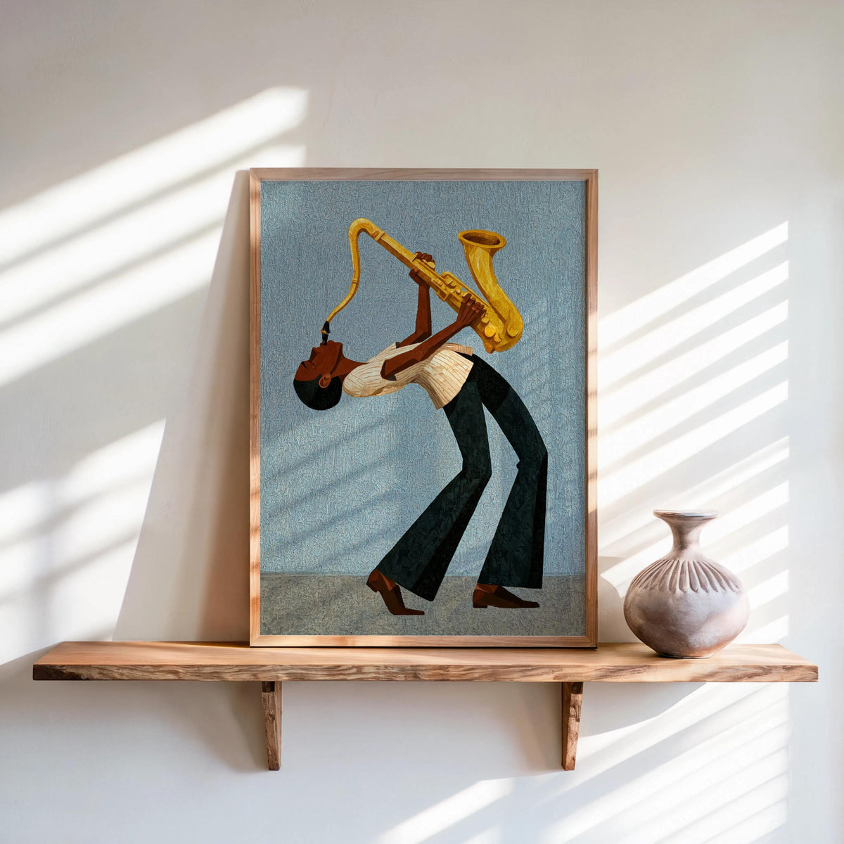 Afrocentric jazz wall art print with teal retro background, bold geometric musician, framed on shelf.