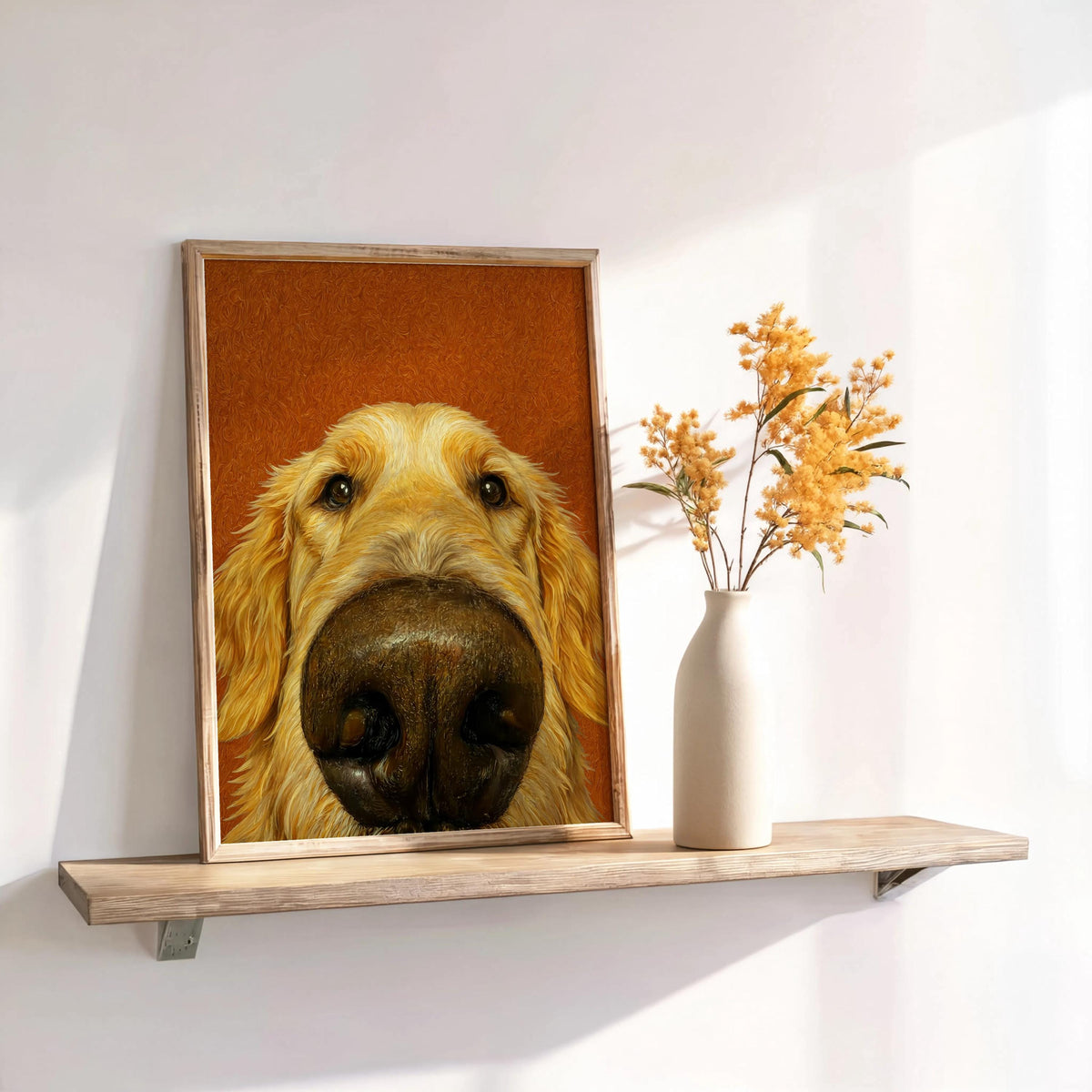 Shelf display with rust background print and vase, quirky dog portrait golden retriever nose art styled