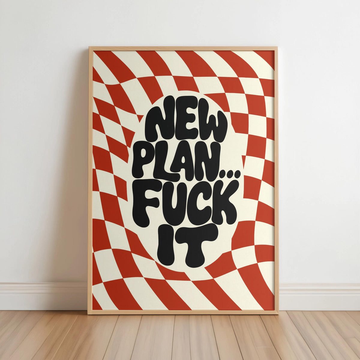 New Plan Funny Quote Wall Art Print, Retro Checkerboard Typography Poster, Groovy Sarcastic Home Decor, Trendy Dorm Room Gift