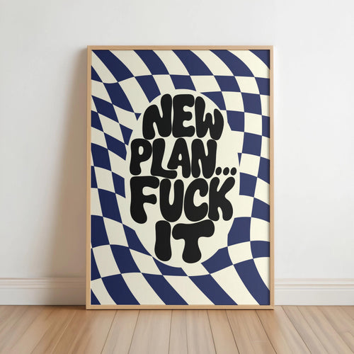 New Plan Funny Quote Wall Art Print, Retro Checkerboard Typography Poster, Groovy Sarcastic Home Decor, Trendy Dorm Room Gift